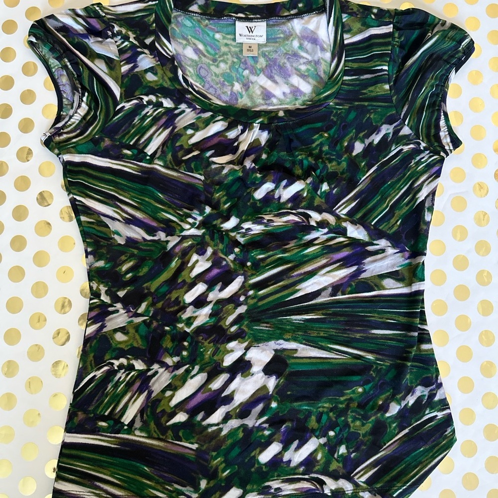 Worthington Green and White Fitted Graphic Cap Sleeve Tee